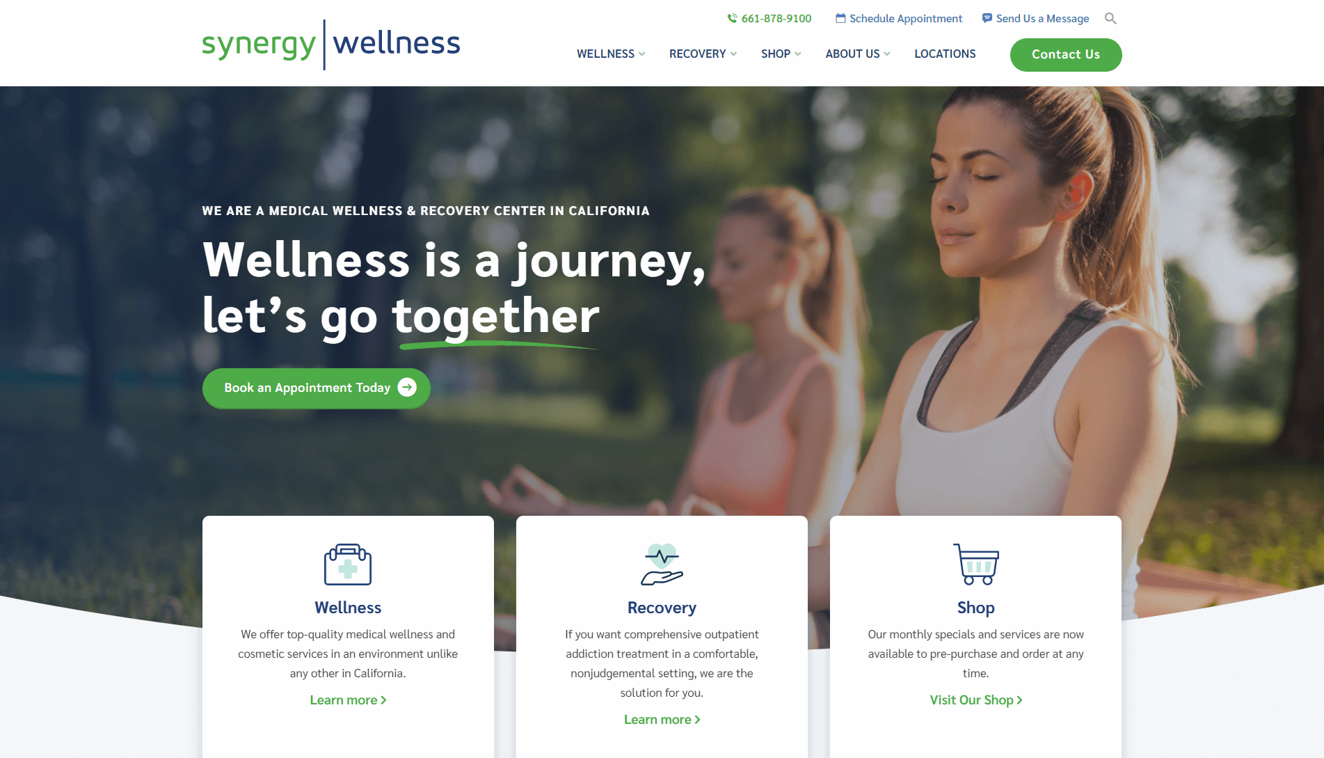 Screenshot of Synergy Wellness website homepage with a banner featuring two women in meditation poses and sections for Wellness, Recovery, and Shop services.