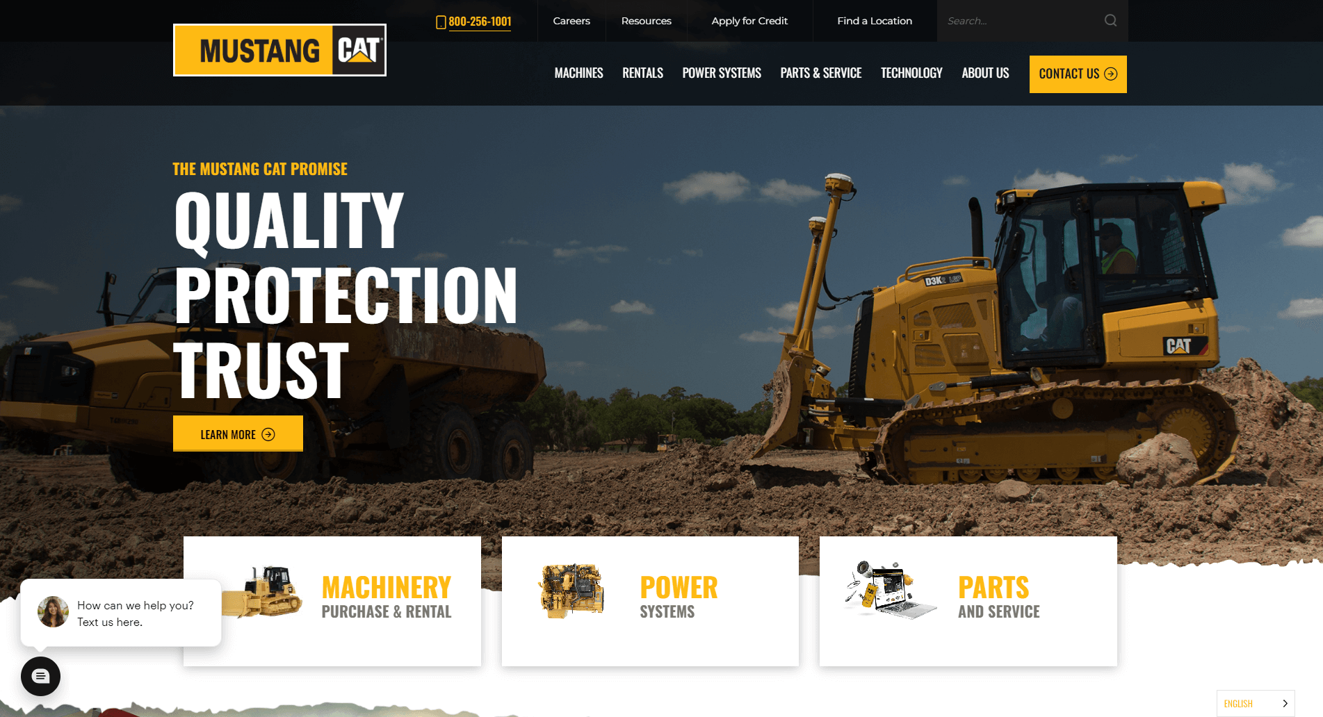 Mustang CAT website banner with a CAT bulldozer and dump truck on a construction site, promoting quality, protection, and trust with options for machinery purchase & rental, power systems, and parts & service.