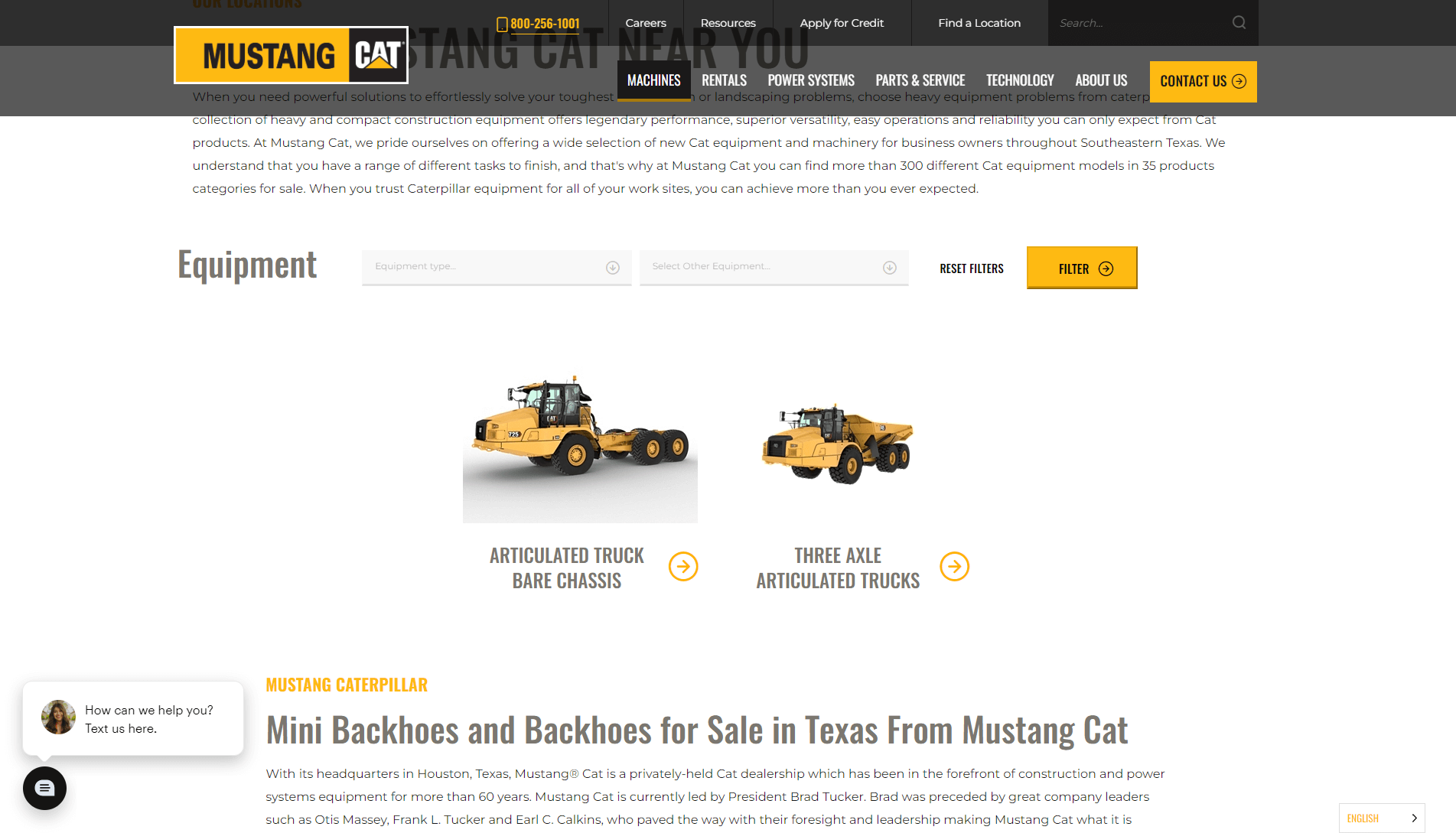 Screenshot of Mustang Cat's equipment webpage featuring navigation options, an articulated truck bare chassis, and a three-axle articulated truck, with descriptions and customer service chat prompt.