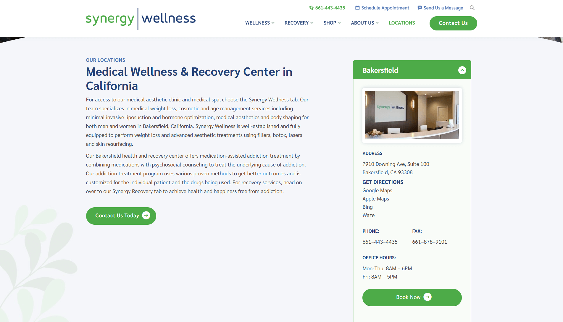 Screenshot of the Synergy Wellness website showcasing their Medical Wellness & Recovery Center services, contact information, and an interior view of their Bakersfield location.