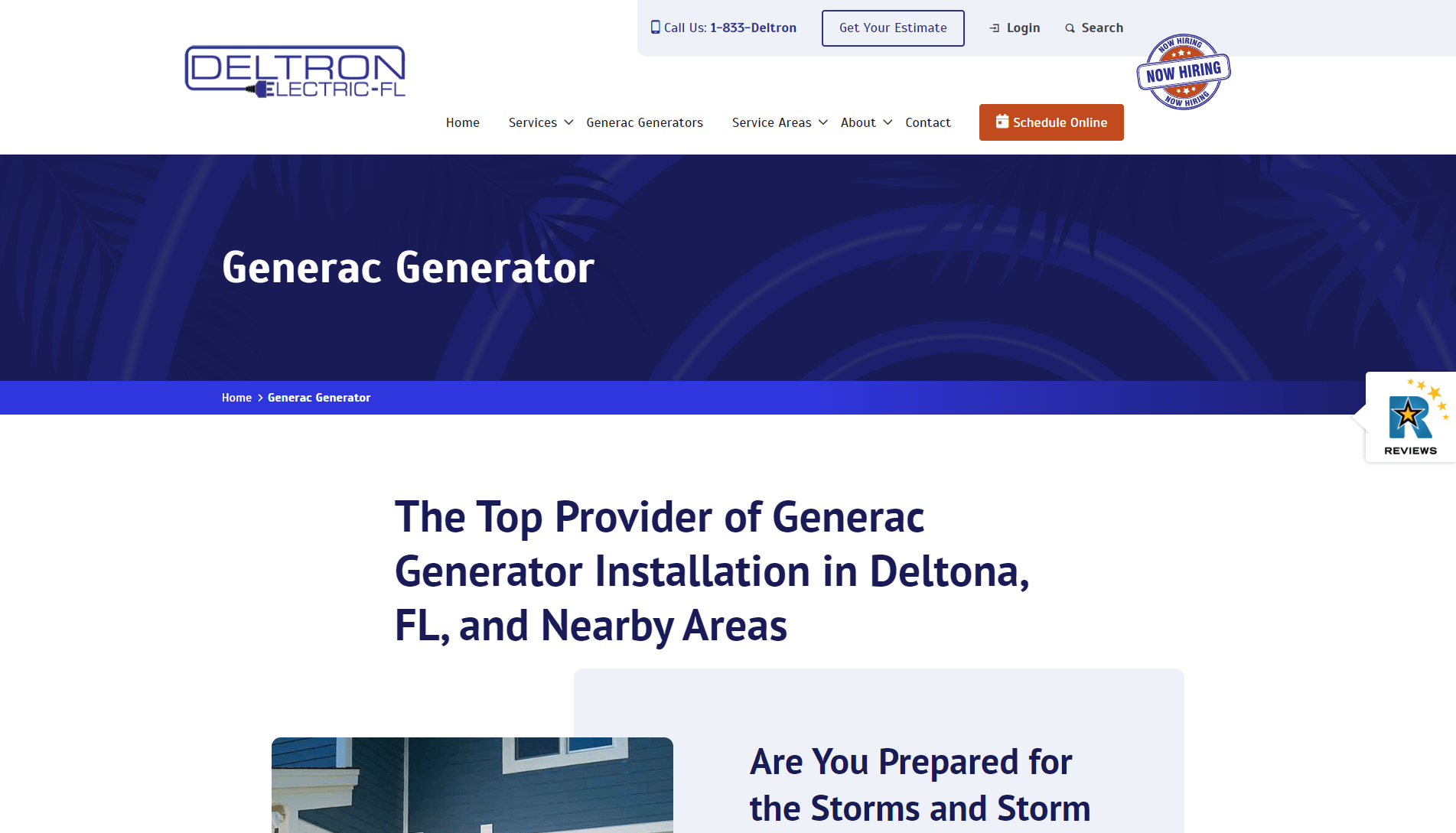 Webpage of Deltron Electric-FL advertising their services as the top provider of Generac Generator installation in Deltona, FL, with navigation menu and contact options.