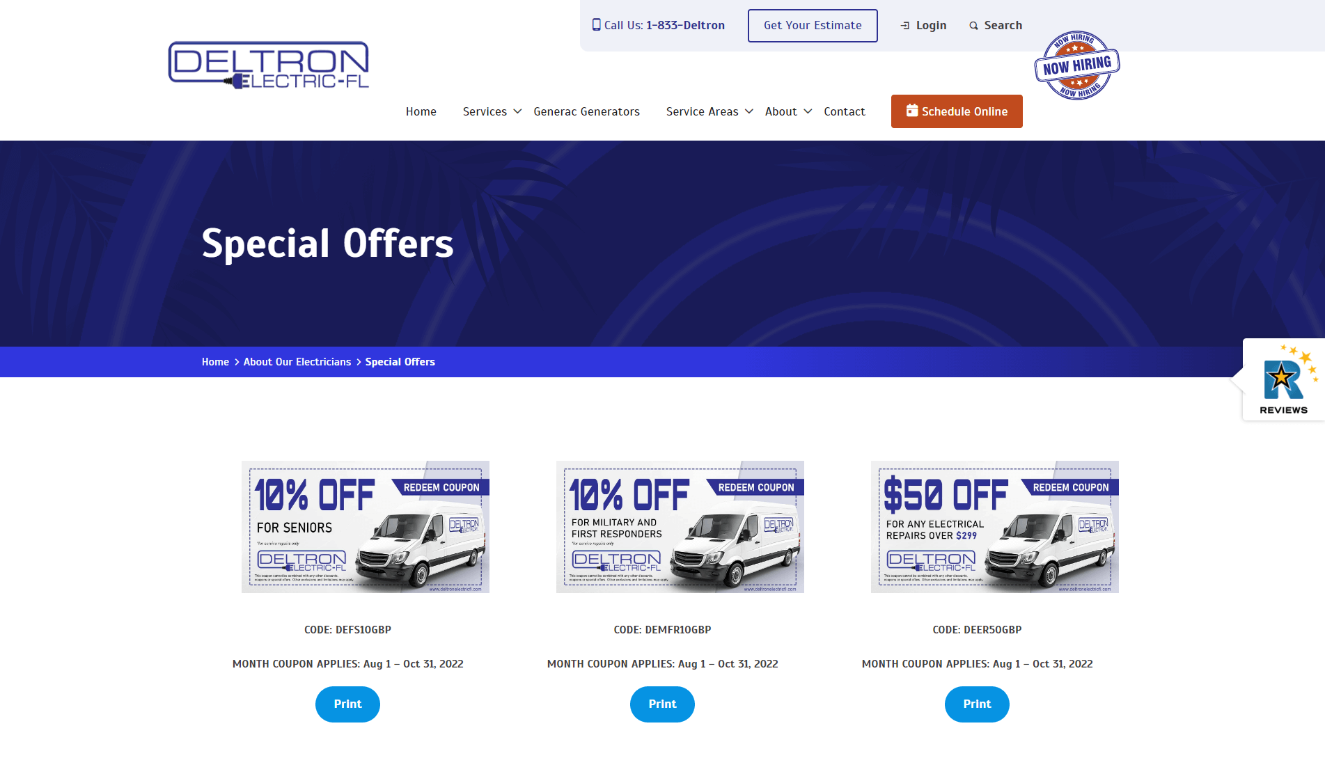 Webpage from Deltron Electric-FL showing three special offer coupons with discounts for seniors, military, first responders, and on electrical repairs, valid from August 1 to October 31, 2022.