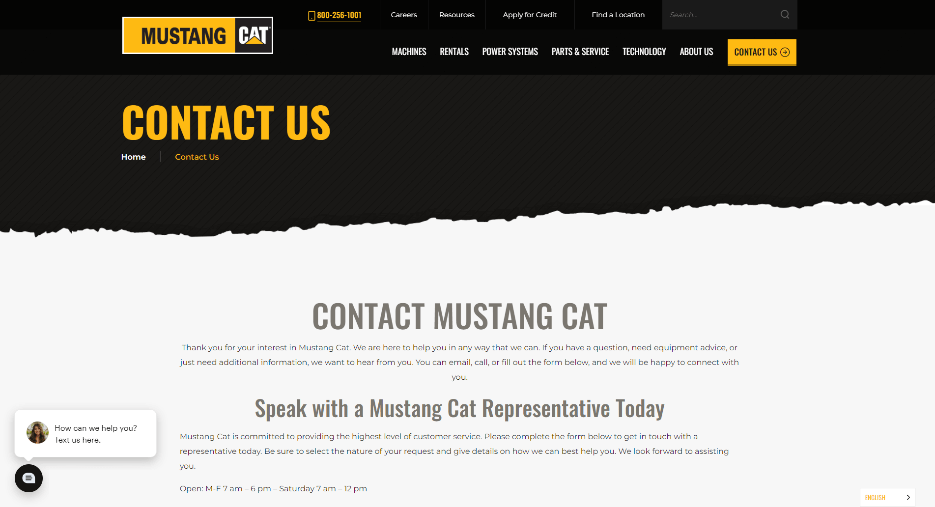 Screenshot of the 'Contact Us' page from the Mustang Cat website, featuring a navigation bar, company logo, and a customer service chat invitation with operating hours.