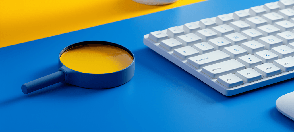 A magnifying glass with a blue handle on a diagonally divided yellow and blue background, next to a white mechanical keyboard with blue key accents and a white mouse.