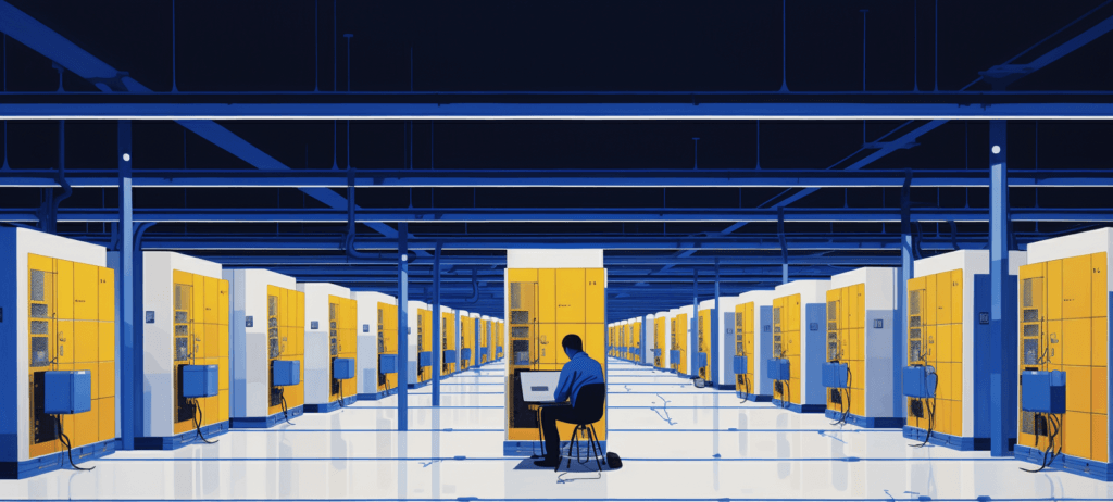 Illustration of a person working on a laptop in a data center with rows of yellow server racks, blue structural elements, and a reflective floor.