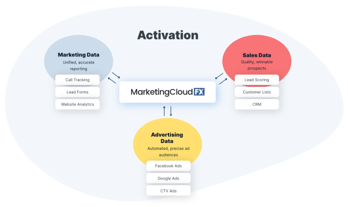 Diagram showing RevenueCloudFX as a central system for activation, connected to three data sources: Marketing Data with Call Tracking, Lead Forms, and Website Analytics; Sales Data with Lead Scoring, Customer Lists, and CRM; and Advertising Data with Facebook Ads, Google Ads, and CTV Ads.