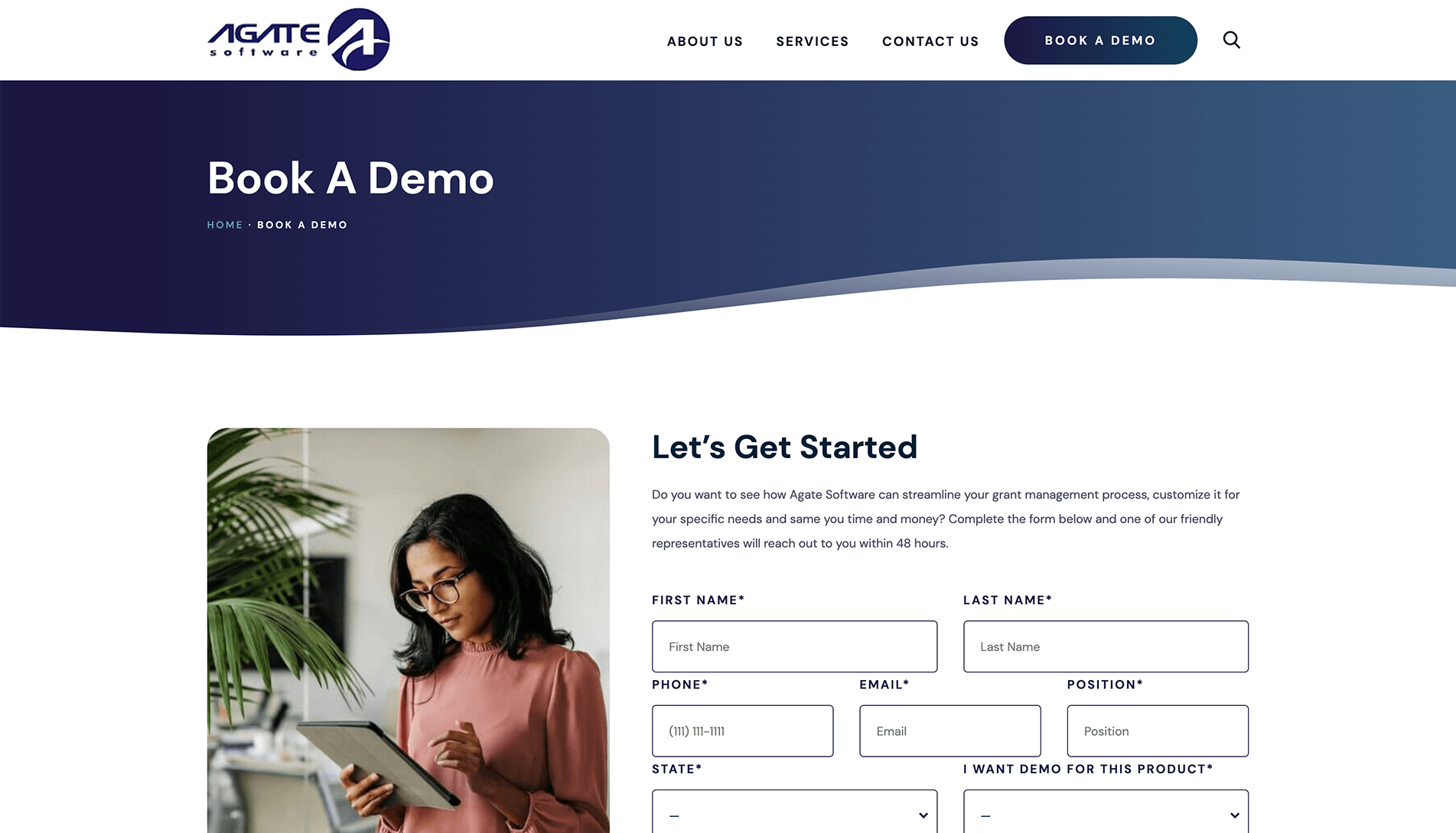 Screenshot of Agate Software's 'Book A Demo' webpage featuring a navigation bar, a 'Let's Get Started' section with a description and a form, alongside an image of a woman looking at a tablet.