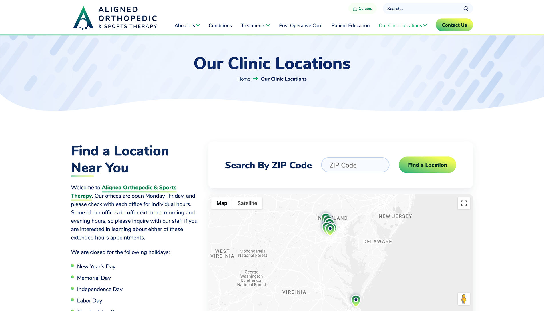 Screenshot of the Aligned Orthopedic & Sports Therapy website's 'Our Clinic Locations' page, featuring a navigation bar, a 'Find a Location Near You' section with office hours and holiday closures, a ZIP code search tool, and a map with clinic locations marked.