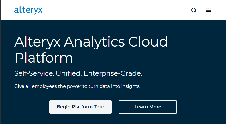 Homepage for alteryx data analytics software