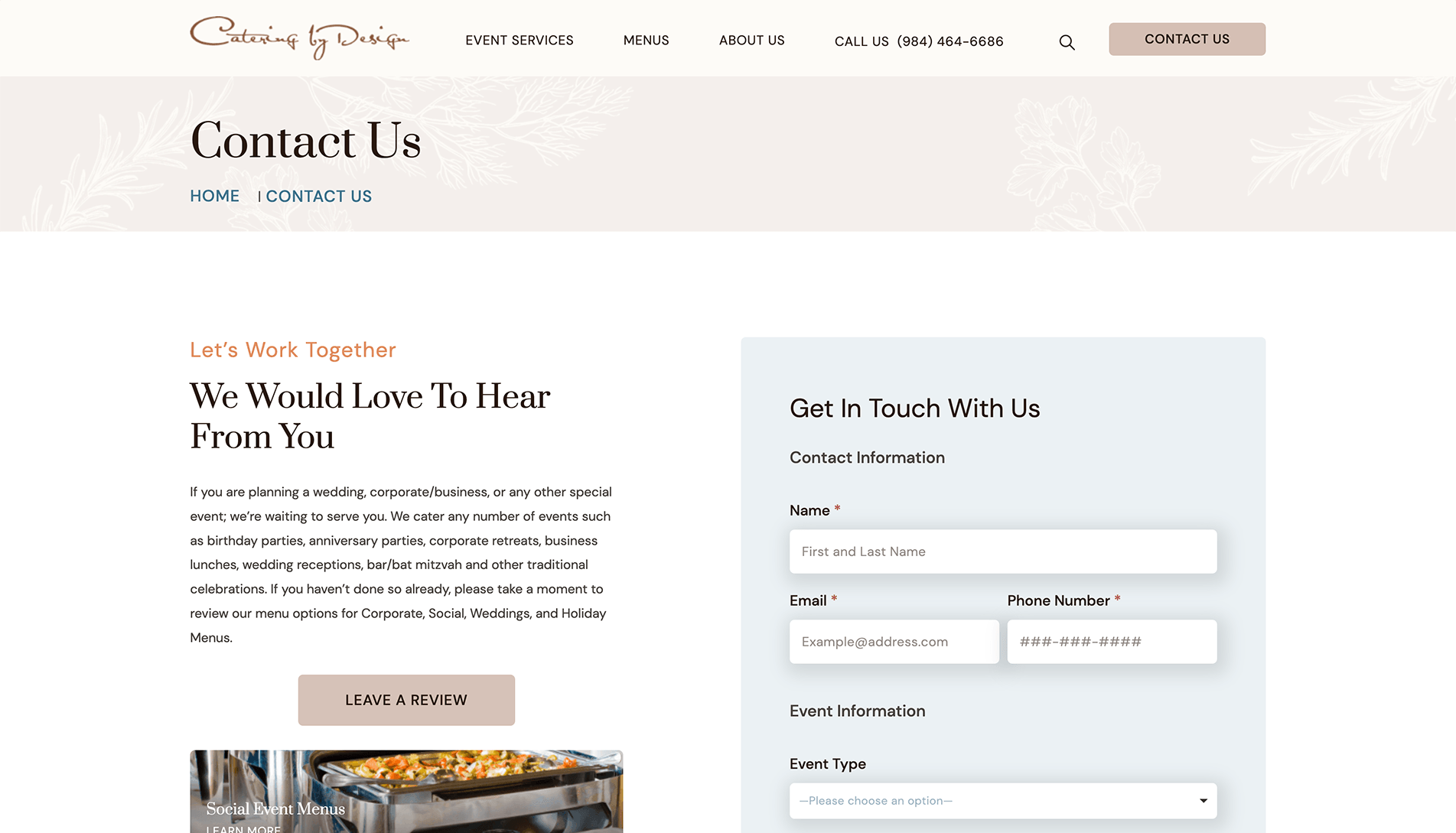 Screenshot of 'Contact Us' page from 'Catering by Design' website with a description of services and a contact form for event inquiries.