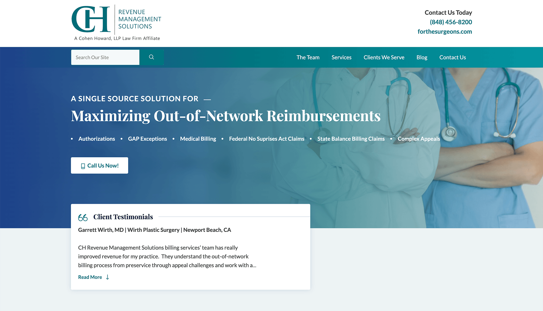 Screenshot of CH Revenue Management Solutions website featuring a banner with text about maximizing out-of-network reimbursements, services offered, and a call-to-action button. Two healthcare professionals in scrubs with stethoscopes are visible, and a client testimonial is displayed below.