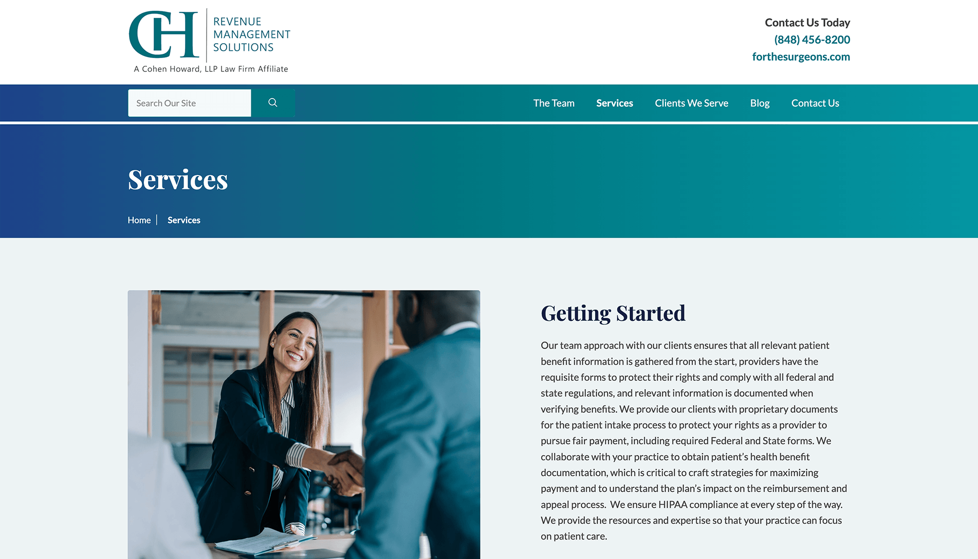 Screenshot of the 'Services' section on the Revenue Management Solutions website, featuring a navigation bar, contact information, and a main content area with a description of services and an image of a professional handshake between a smiling woman and a man.