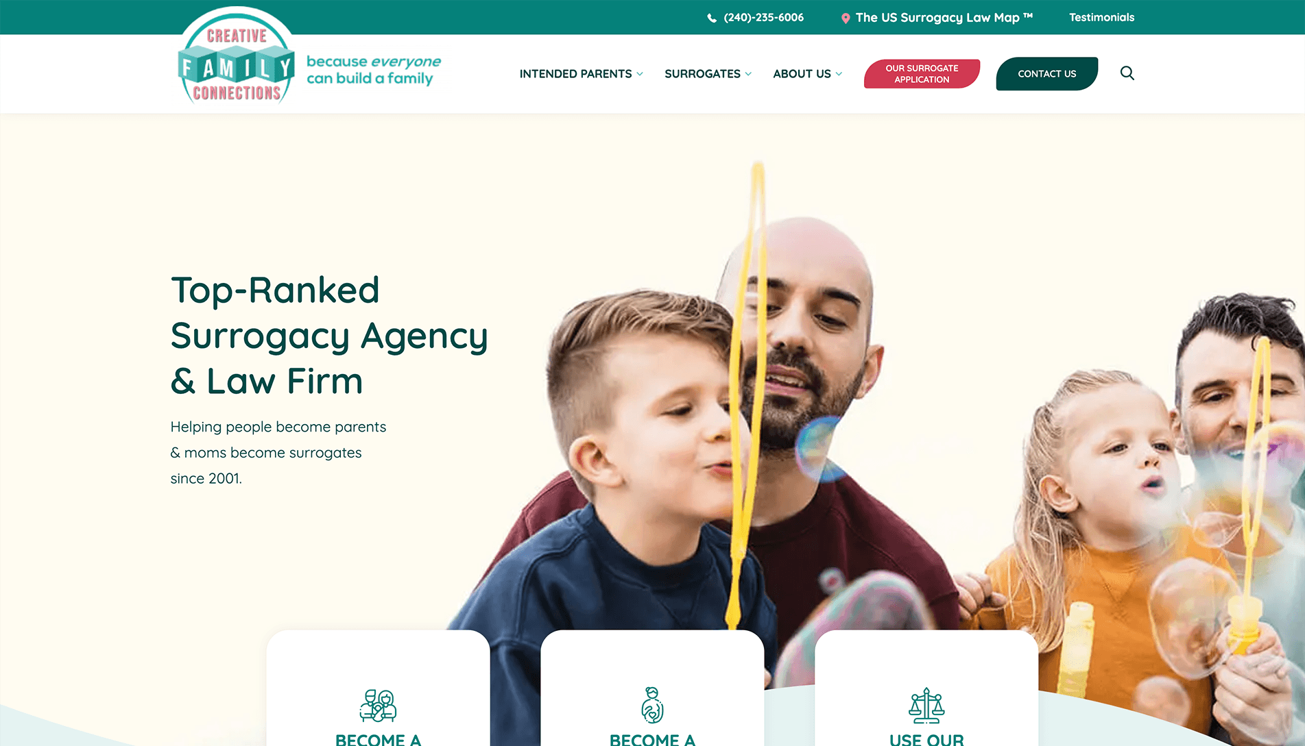 Two smiling adults and two children blowing bubbles with a clear sky in the background, overlaying text about a top-ranked surrogacy agency and law firm, and clickable service buttons.