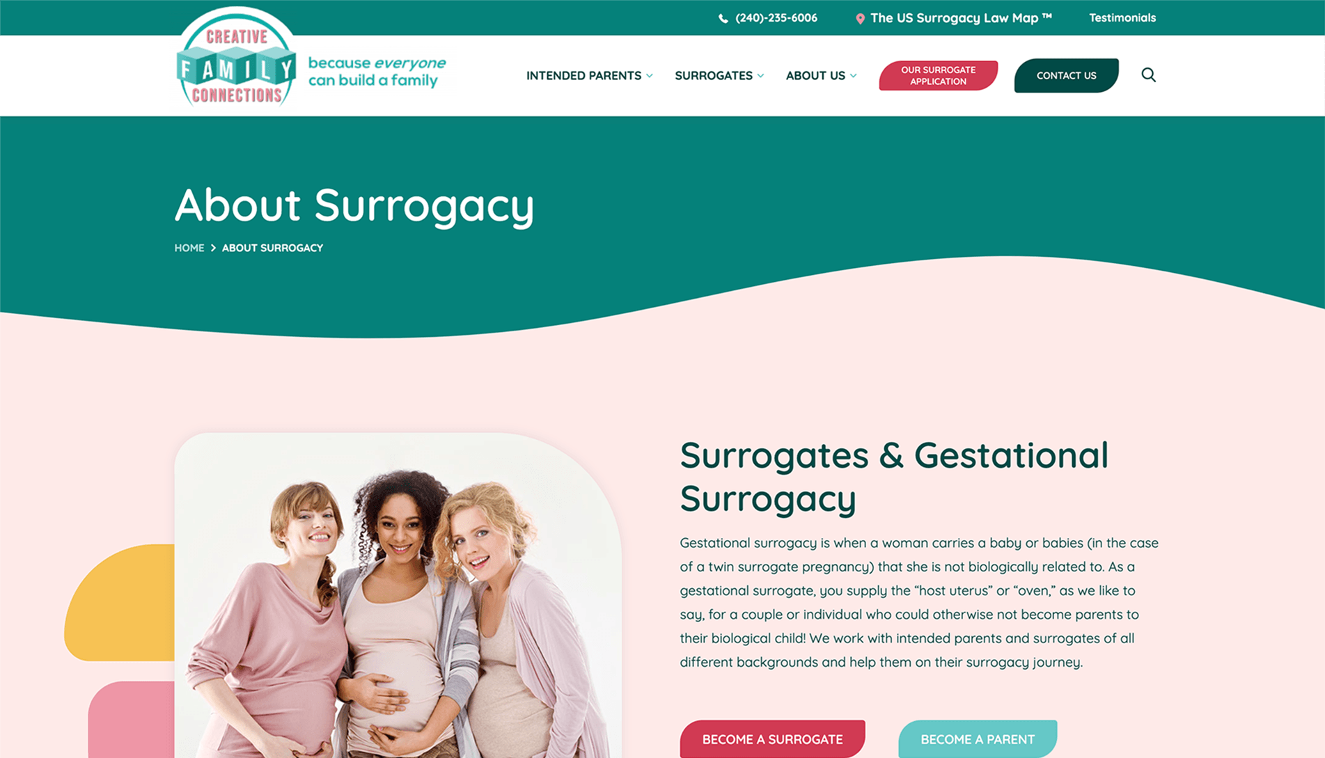 Three women smiling, with the central woman being pregnant, on a webpage about surrogacy from Creative Family Connections.