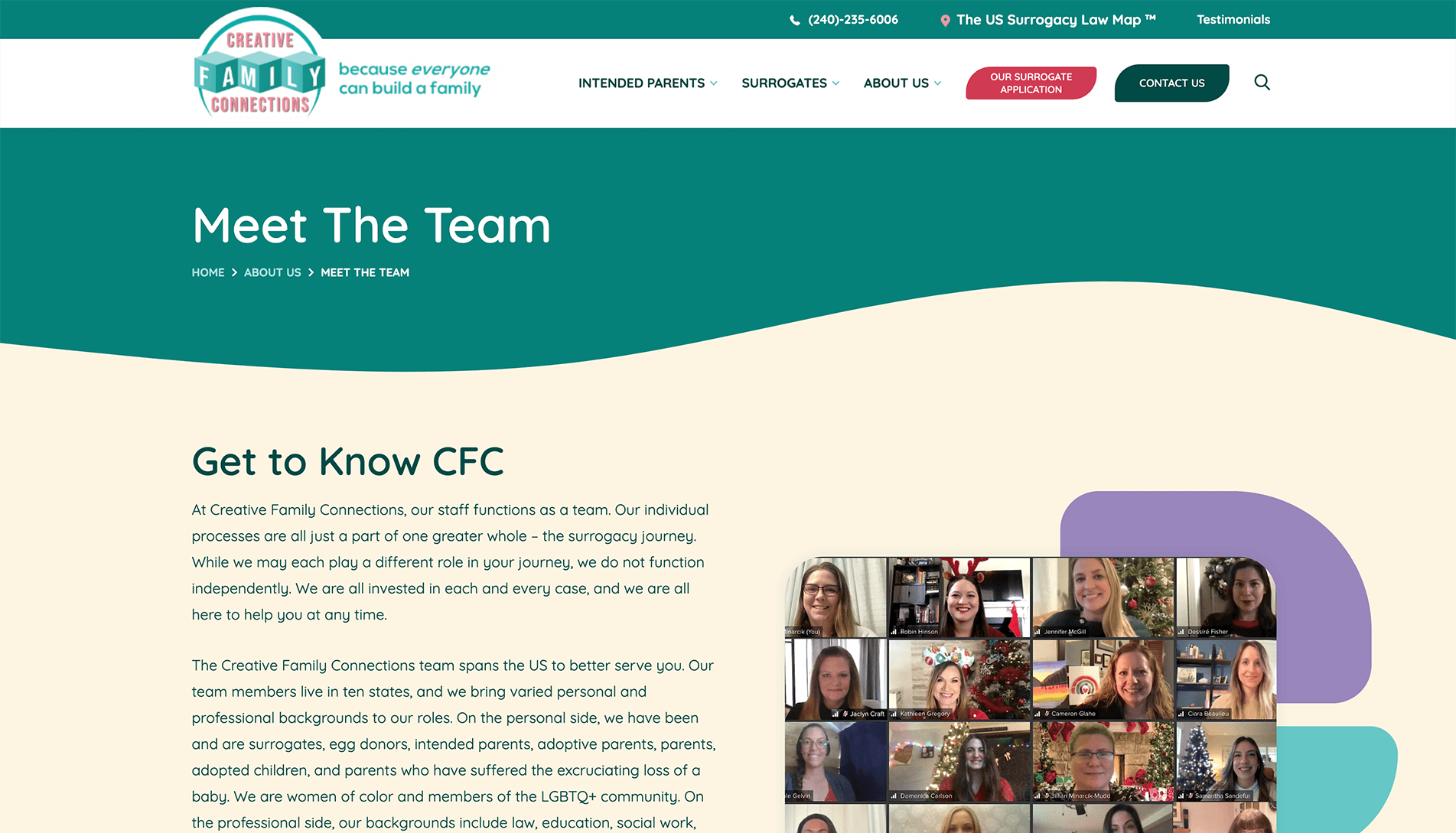 Screenshot of the 'Meet The Team' page from the Creative Family Connections website, featuring a brief description of the team's ethos and headshot photos of team members with festive decorations.