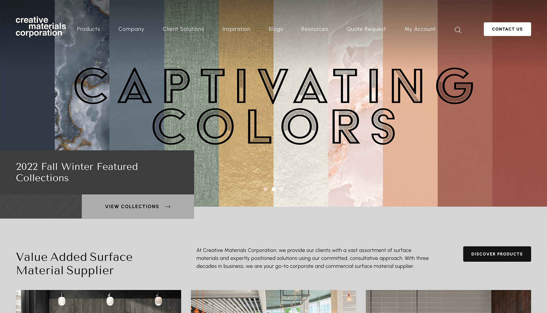 Webpage layout for Creative Materials Corporation with a banner showcasing 'CAPTIVATING COLORS' over a collage of textured materials, accompanied by sections for featured collections and product discovery, and a navigation menu.