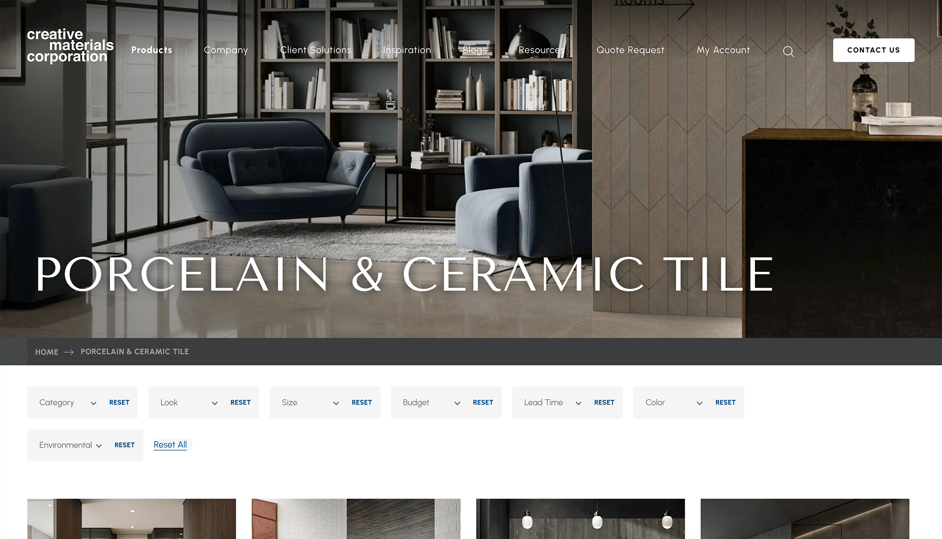 Webpage banner for Creative Materials Corporation featuring modern interior design and showcasing porcelain and ceramic tile products, with navigation and product filter options.