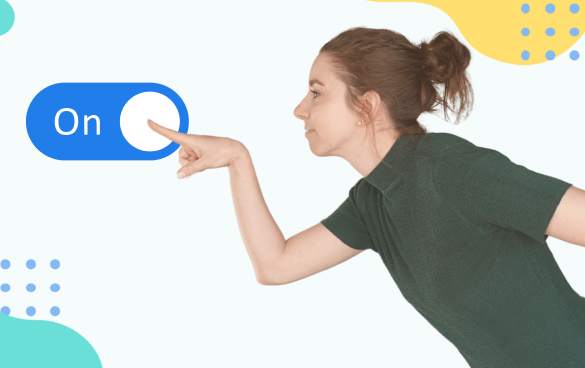 A woman in a green shirt is playfully pointing at the word 'On' inside a speech bubble graphic.