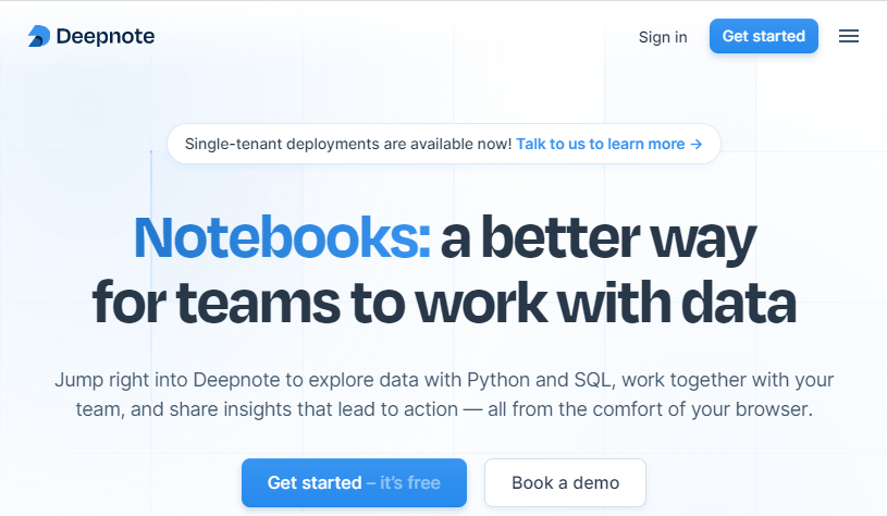 Homepage for deepnote data analytics