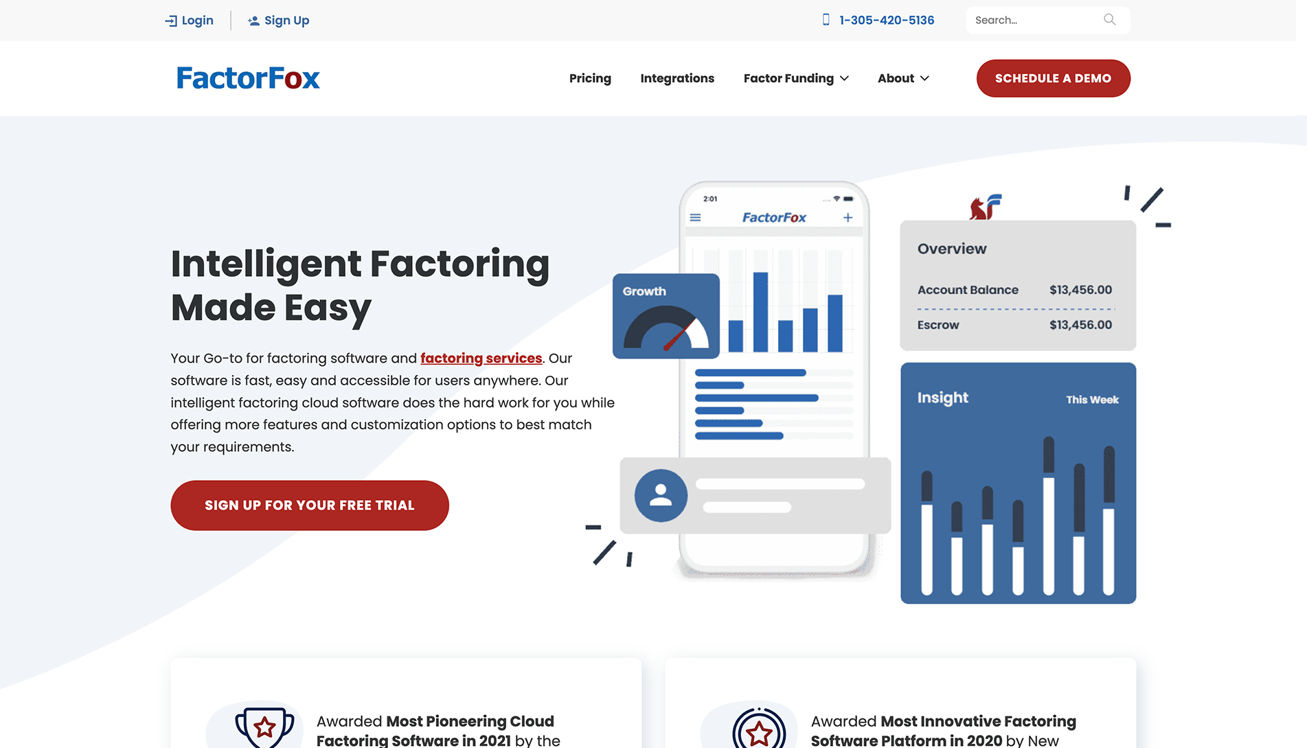 Screenshot of FactorFox's website promoting their intelligent factoring software with a navigation bar, a main heading, descriptive text, a sign-up button, and graphics of the software interface on a mobile device, along with award badges for the software.