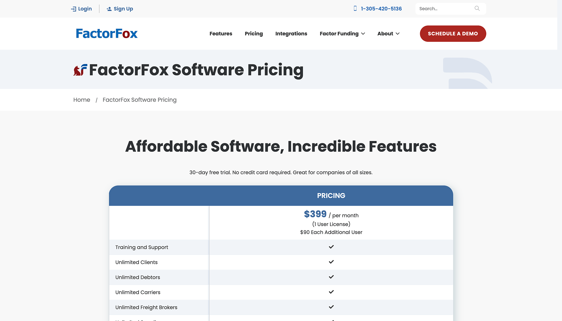 Screenshot of FactorFox Software Pricing page, highlighting a $399 per month pricing plan with features including training and support, unlimited clients, debtors, carriers, and freight brokers, and a note about a 30-day free trial.