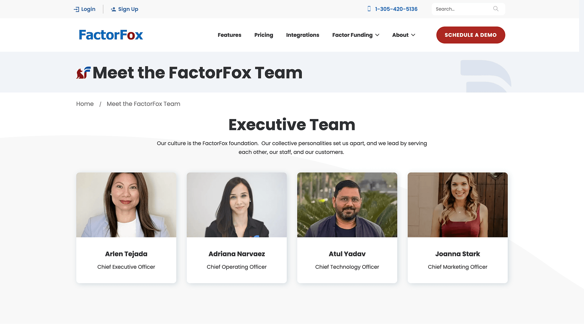 Webpage section titled 'Meet the FactorFox Team' featuring the Executive Team with portraits and names of four members: Arlen Tejada, Chief Executive Officer; Adriana Narvaez, Chief Operating Officer; Atul Yadav, Chief Technology Officer; and Joanna Stark, Chief Marketing Officer.