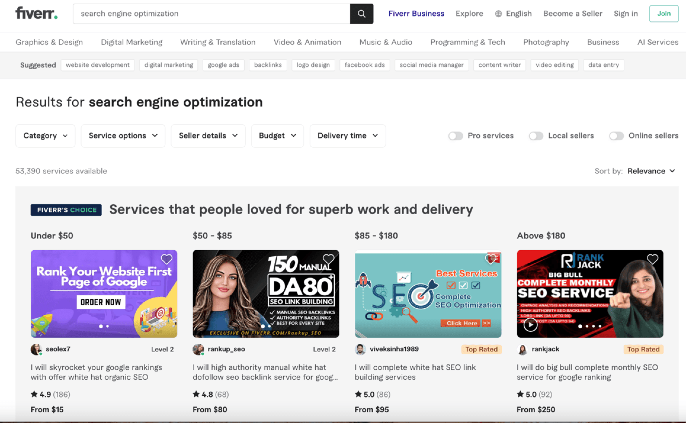 fiverr seo services results page