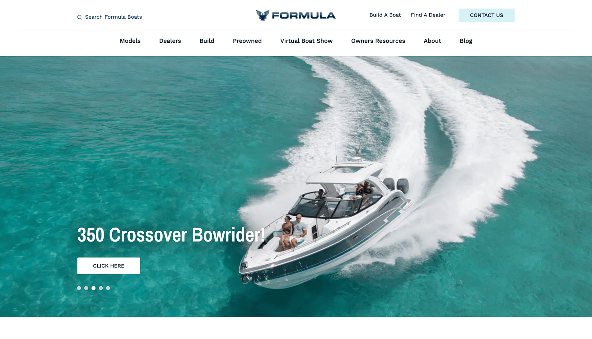 A white Formula 350 Crossover Bowrider powerboat with passengers cruising on clear blue water, creating a large wake, with a promotional text overlay and clickable button.