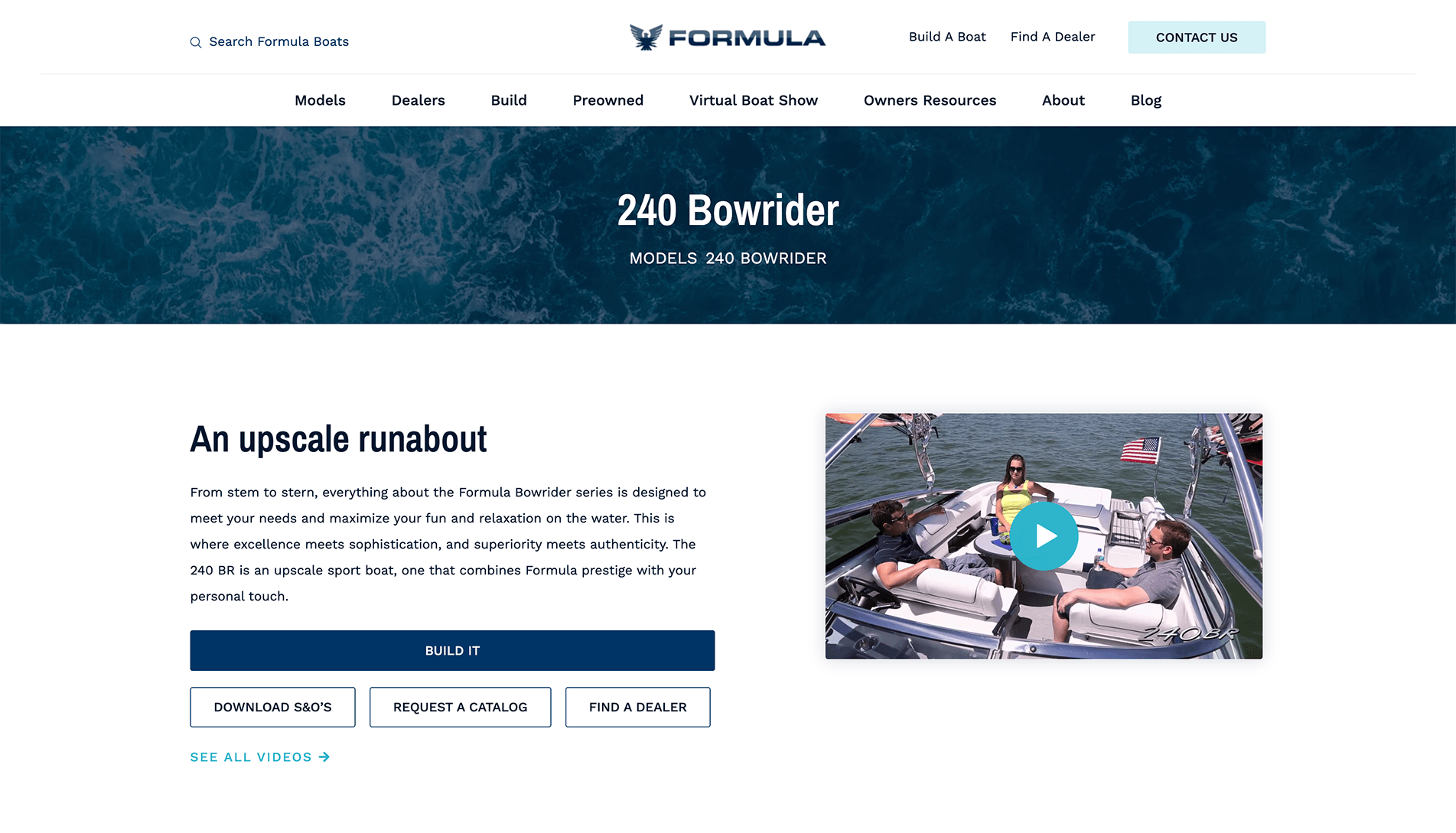 Webpage for Formula Boats showcasing the 240 Bowrider model with navigation options, a description of the boat, and a video thumbnail featuring two people seated in the boat on the water with an American flag in the background.