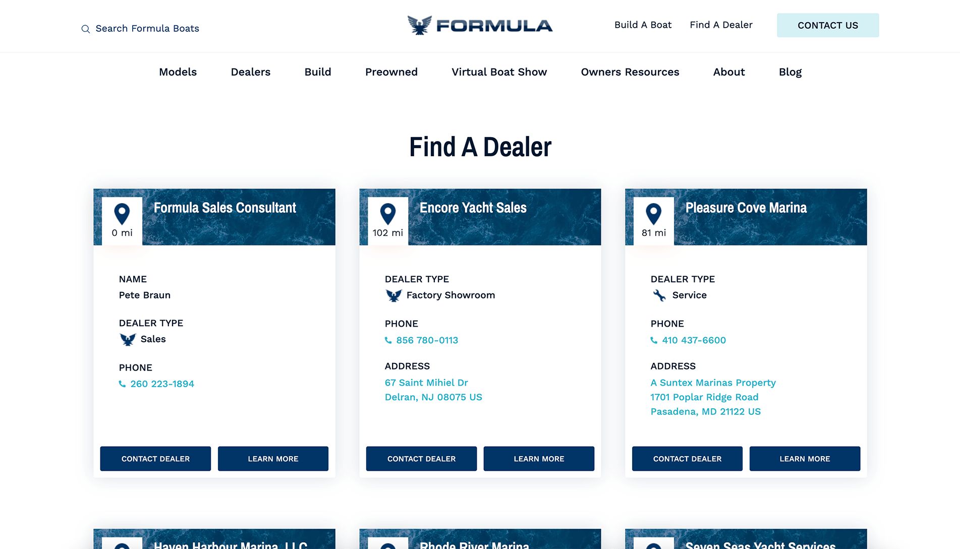 Screenshot of the 'Find A Dealer' page on the Formula Boats website, showing listings for boat dealers including 'Formula Sales Consultant,' 'Encore Yacht Sales,' and 'Pleasure Cove Marina' with details such as dealer type, phone number, and address.