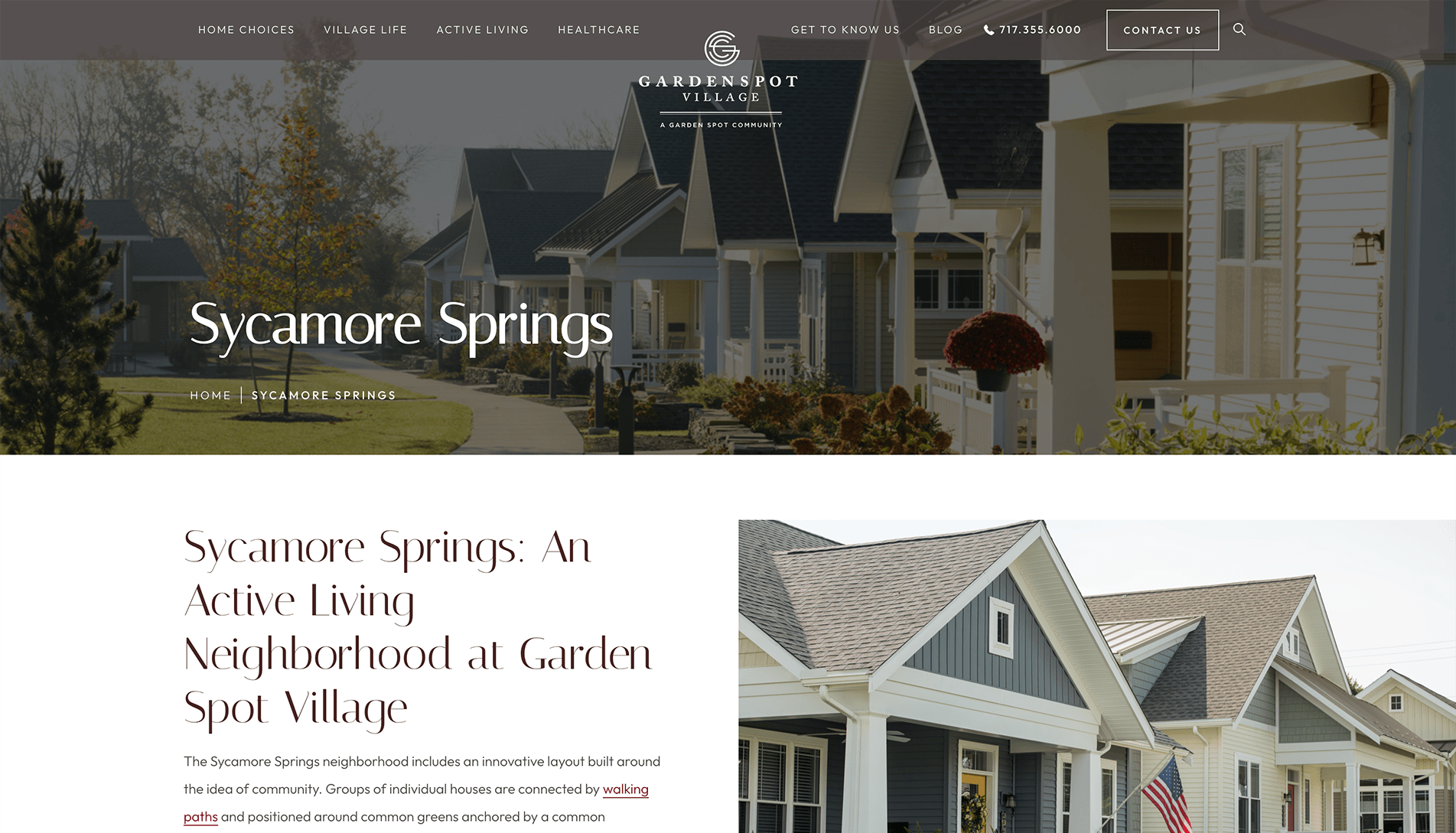 Webpage layout for Sycamore Springs, an active living neighborhood at Garden Spot Village, featuring navigation options and photographs of traditional residential houses with porches and an American flag.