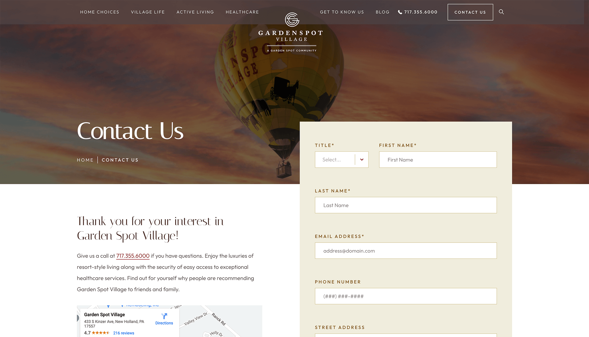 Screenshot of the 'Contact Us' page from the Garden Spot Village website, featuring a navigation bar, a banner with a hot air balloon, a welcoming message, a Google Maps inset, and a contact form with various fields to fill out.