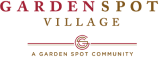 Logo of Garden Spot Village, featuring the words 'GARDEN SPOT VILLAGE' in gold serif font, with a red line above and below the text. Above the text is a green and gold emblem with a stylized 'G' in the center, and the words 'A NOT-FOR-PROFIT COMMUNITY' in small gold letters below.