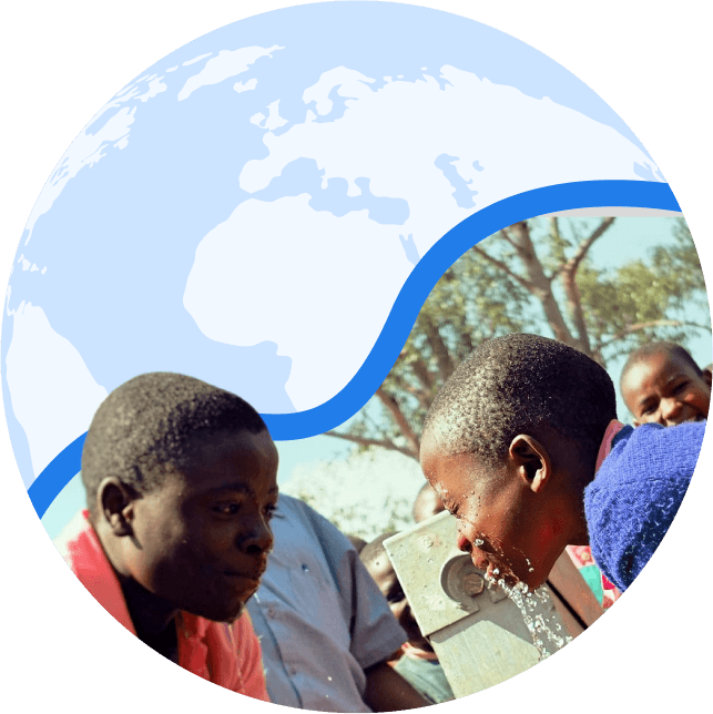 A young person drinking water from a tap with two others watching, one smiling, within a circular frame featuring a stylized Earth design.