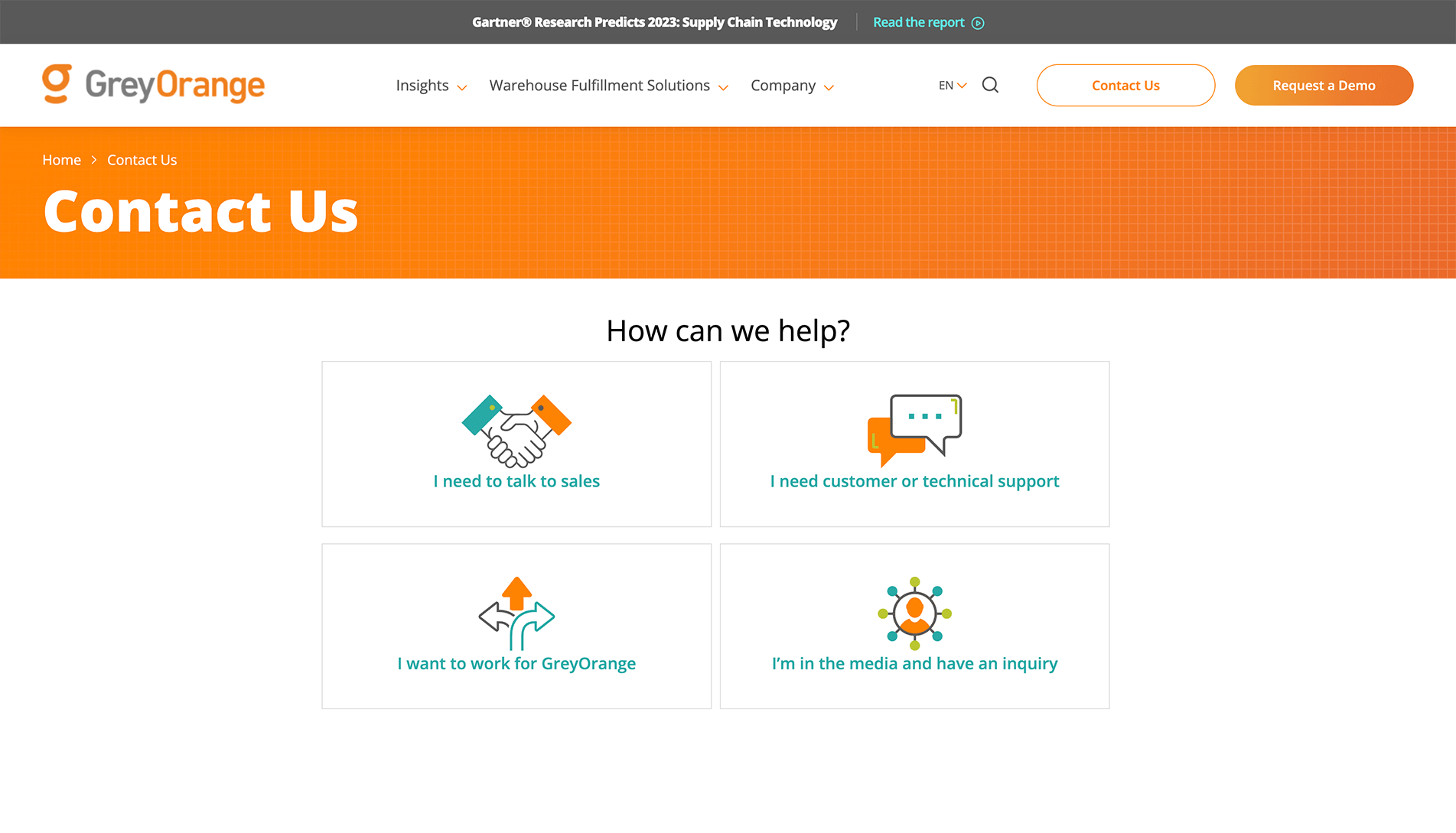 Screenshot of the GreyOrange 'Contact Us' webpage, featuring options to talk to sales, request customer or technical support, inquire about employment, and contact for media inquiries.