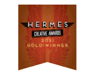 Hermes Creative Awards 2021 Gold Winner badge with a stylized H and laurel wreath design on an orange gradient background.