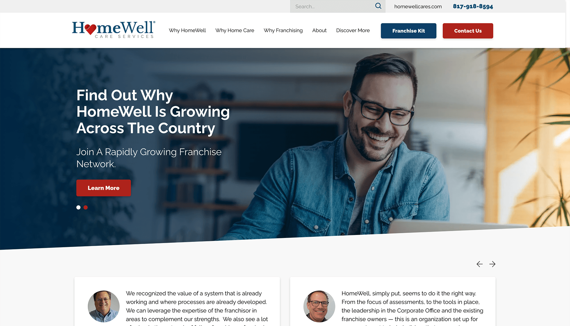 Screenshot of HomeWell Care Services website featuring a navigation bar, a banner with a smiling man looking at a laptop, and testimonials about the franchise.