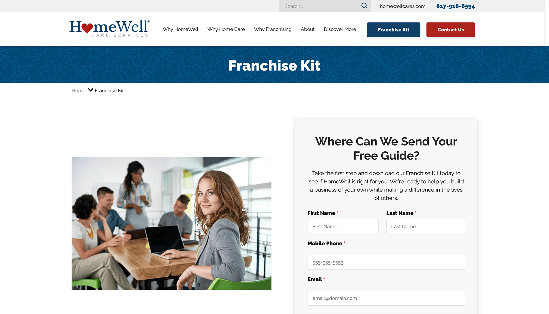 Screenshot of HomeWell Care Services 'Franchise Kit' webpage with a form for a free guide and a photo of a business meeting.