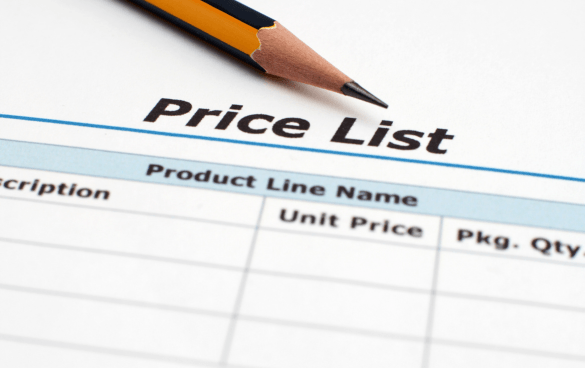 Close-up of a printed price list with columns for product line name, description, unit price, and package quantity, with a pencil resting on the paper.