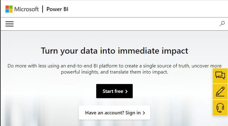 Homepage for microsoft power BI platform