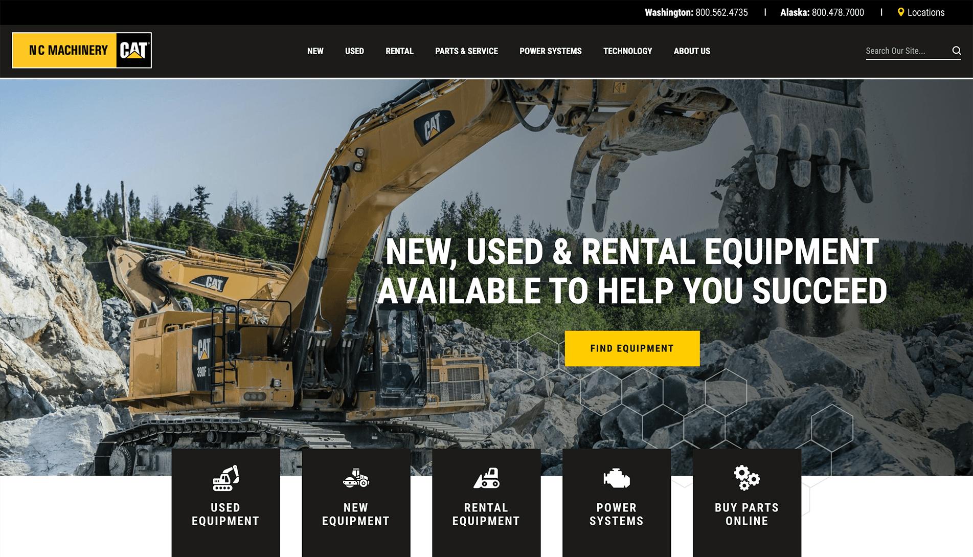 Caterpillar excavator at a rocky excavation site with a website interface for N C Machinery featuring equipment categories and a message promoting new, used, and rental equipment.