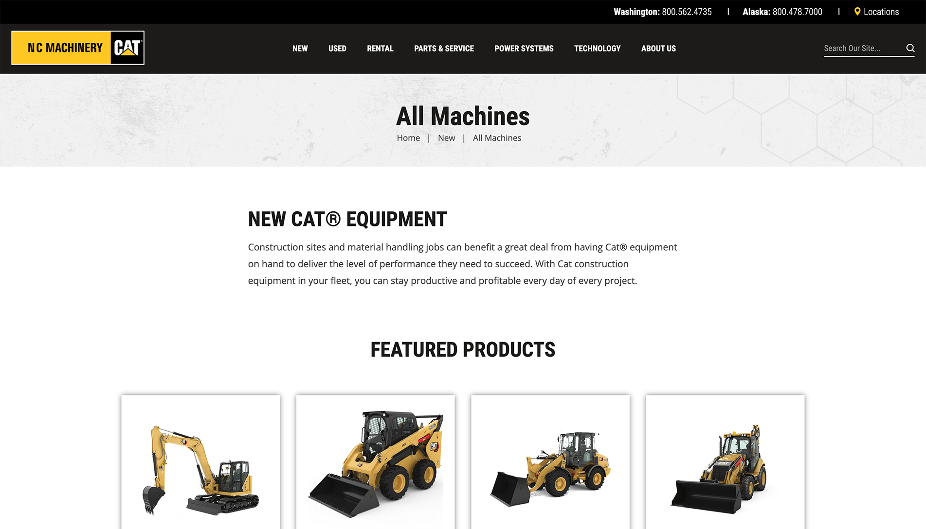 Webpage from N C Machinery featuring CAT equipment with a header, navigation menu, contact information, and images of three CAT construction machines: a hydraulic excavator, a skid steer loader, and a backhoe loader.