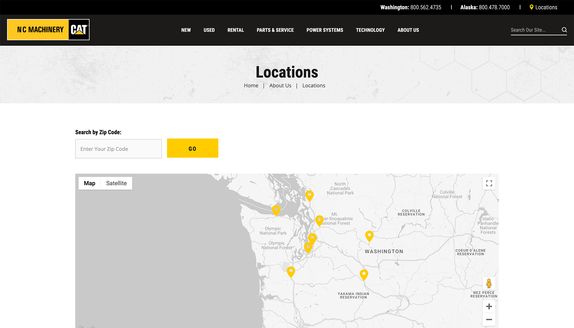 Screenshot of the N C Machinery website's Locations page, featuring a navigation menu, a search by Zip Code function, and a map of Washington state with multiple yellow pins indicating the company's locations.