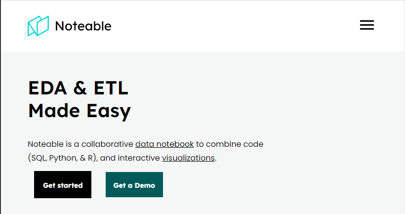 Homepage for noteable data analytics platform