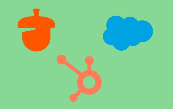 Four flat-colored shapes on a green background: an orange heart shape in the top left, a blue cloud shape in the top right, and a pink atom symbol with three orbits in the bottom left.