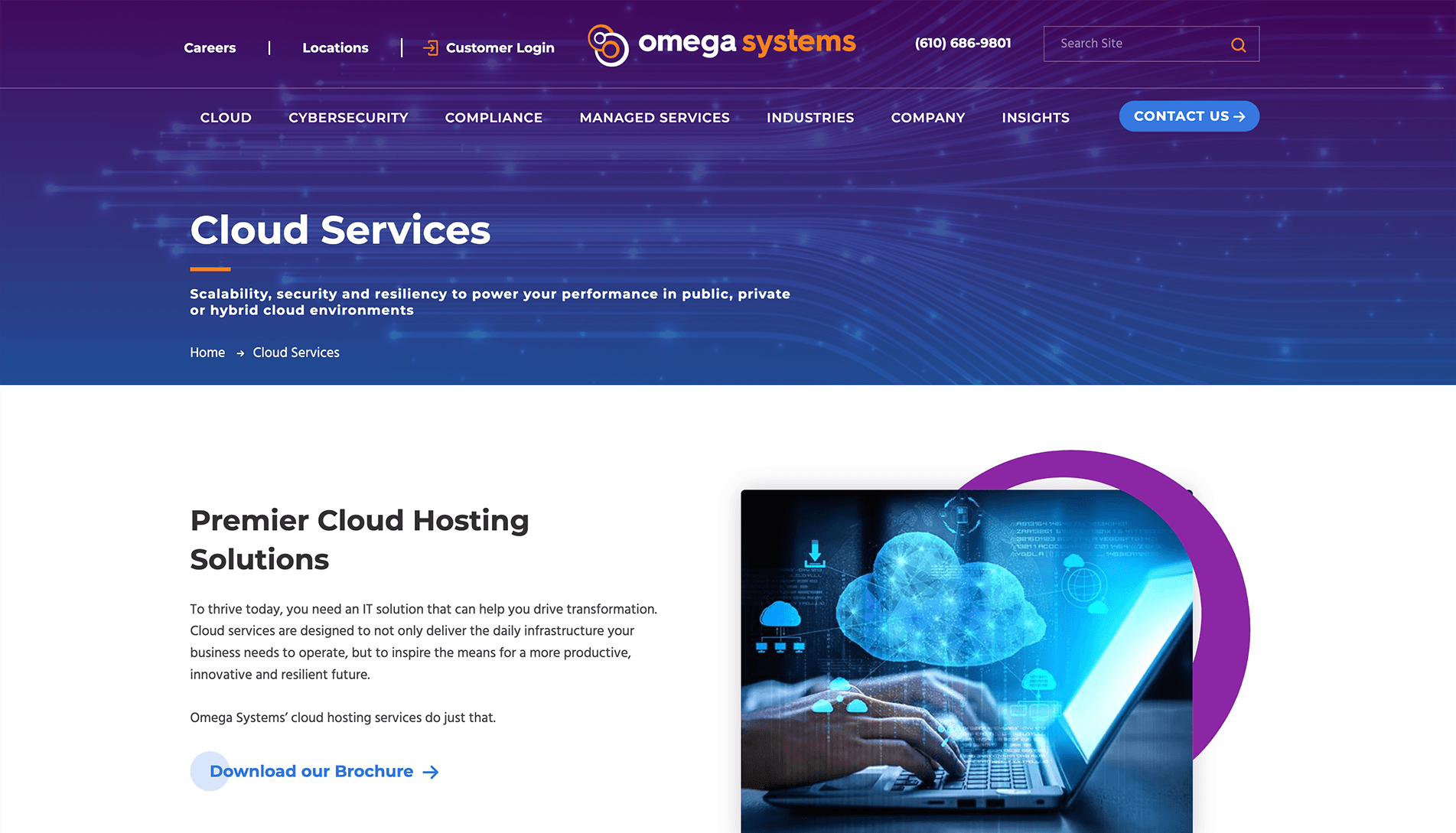 Webpage header for Omega Systems with navigation options and a main section on Cloud Services, featuring a graphic of a laptop with cloud computing icons and a 'Download our Brochure' button.