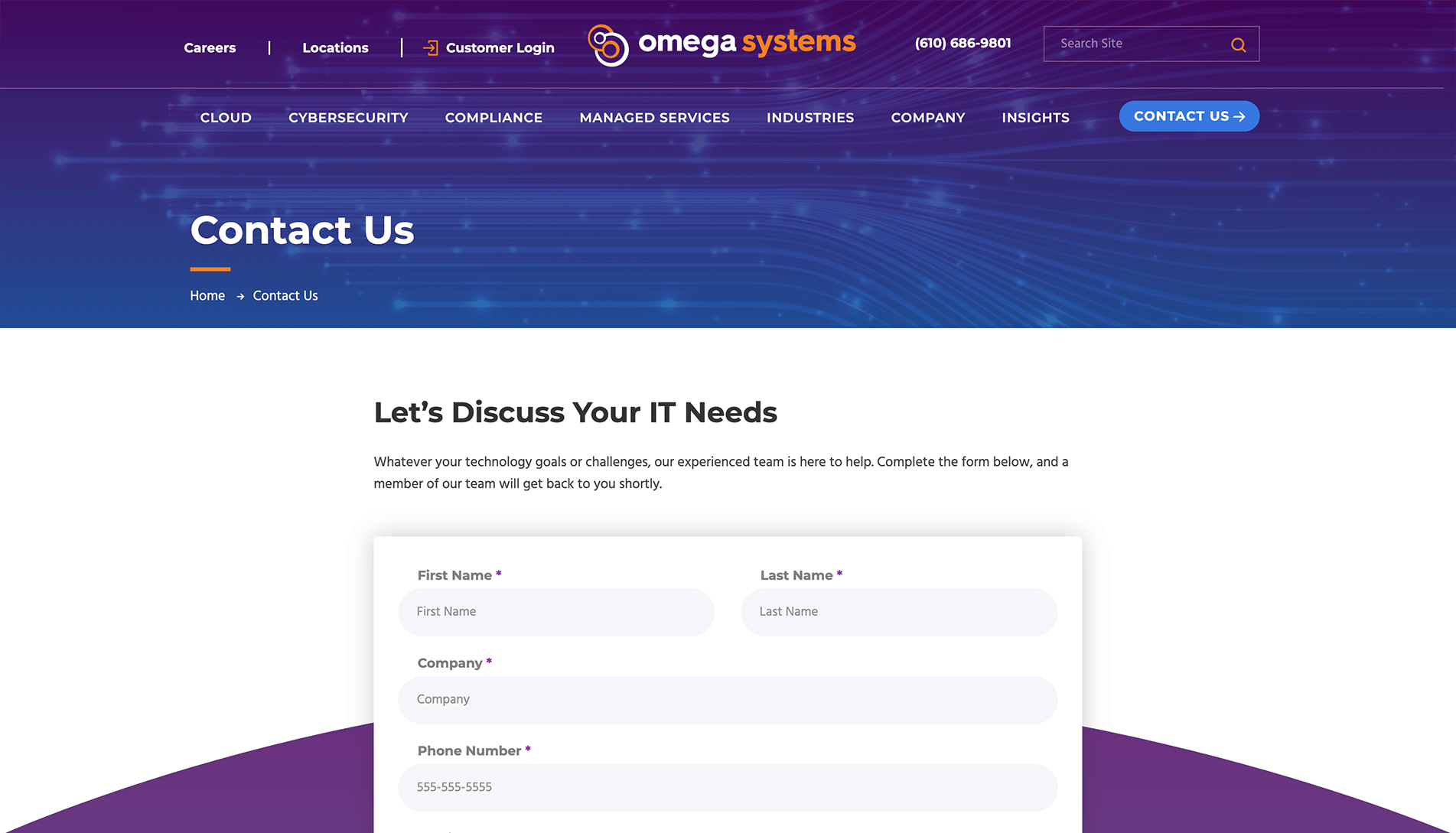 Screenshot of Omega Systems 'Contact Us' webpage with a navigation bar, contact information, and a form to discuss IT needs.