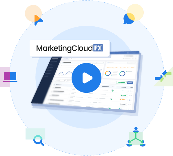 Illustration of the MarketingCloudFX software interface with a play button, surrounded by icons representing communication, analysis, and technology concepts.
