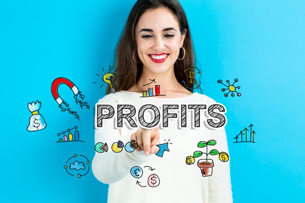 Profits text with young woman on a blue background