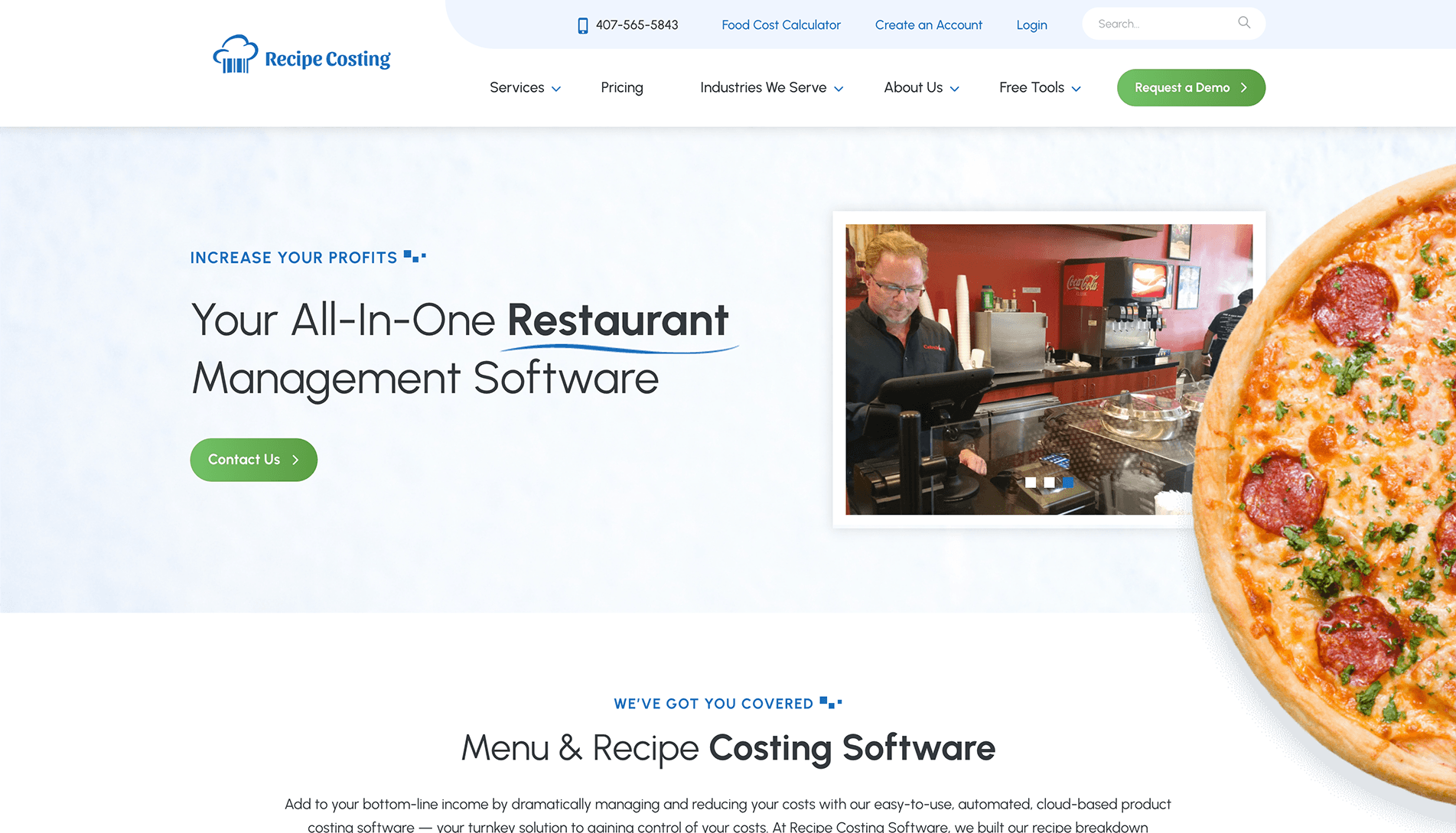 Screenshot of the Recipe Costing website featuring a headline about restaurant management software, a contact button, a photo of a man using a tablet in a restaurant, and an image of a pepperoni pizza.